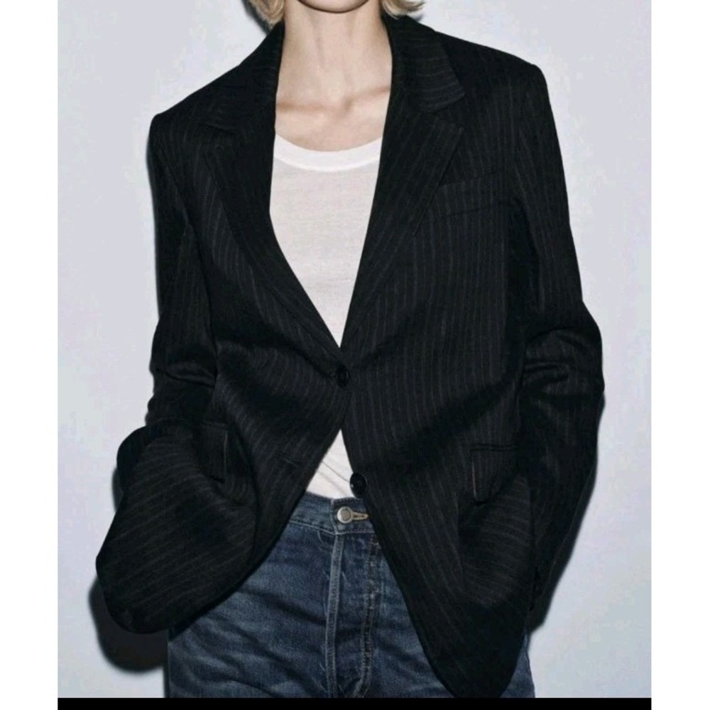 Zara ZW Collection Linen Blend Pinstripe Blazer Black Size XS NWOT